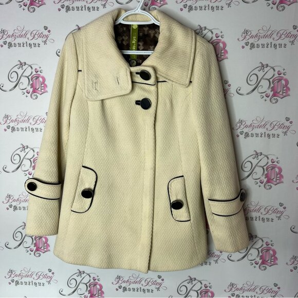 Soia & Kyo coat jacket Cream Pea Coat with Black Accents buttons warm wool